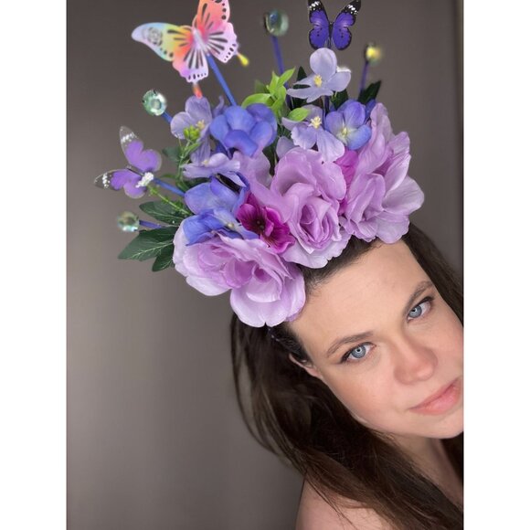 Large Floral Headpiece in Purple Costume Head Wear Hat Headband Performance - Picture 8 of 8